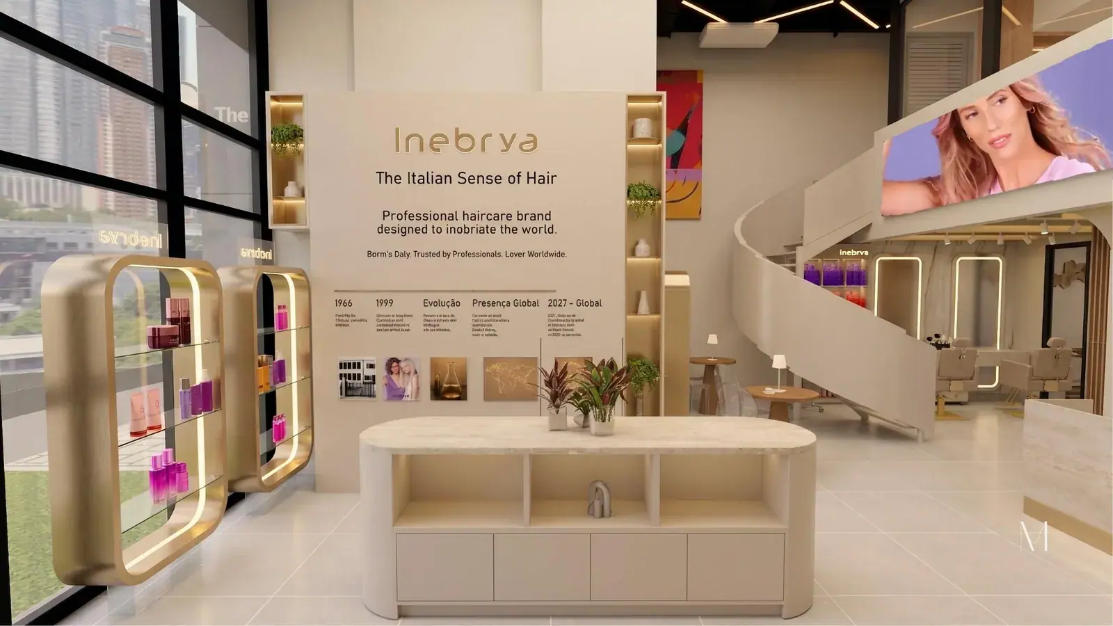 Brand wall com linha do tempo da marca