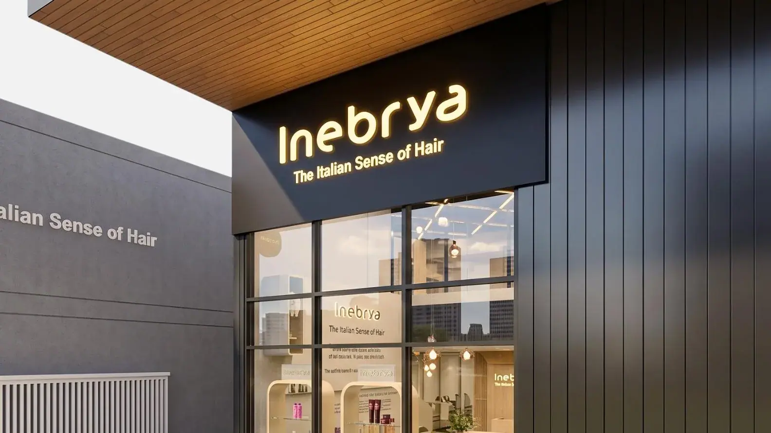 Fachada com letreiro Inebrya iluminado e vitrine