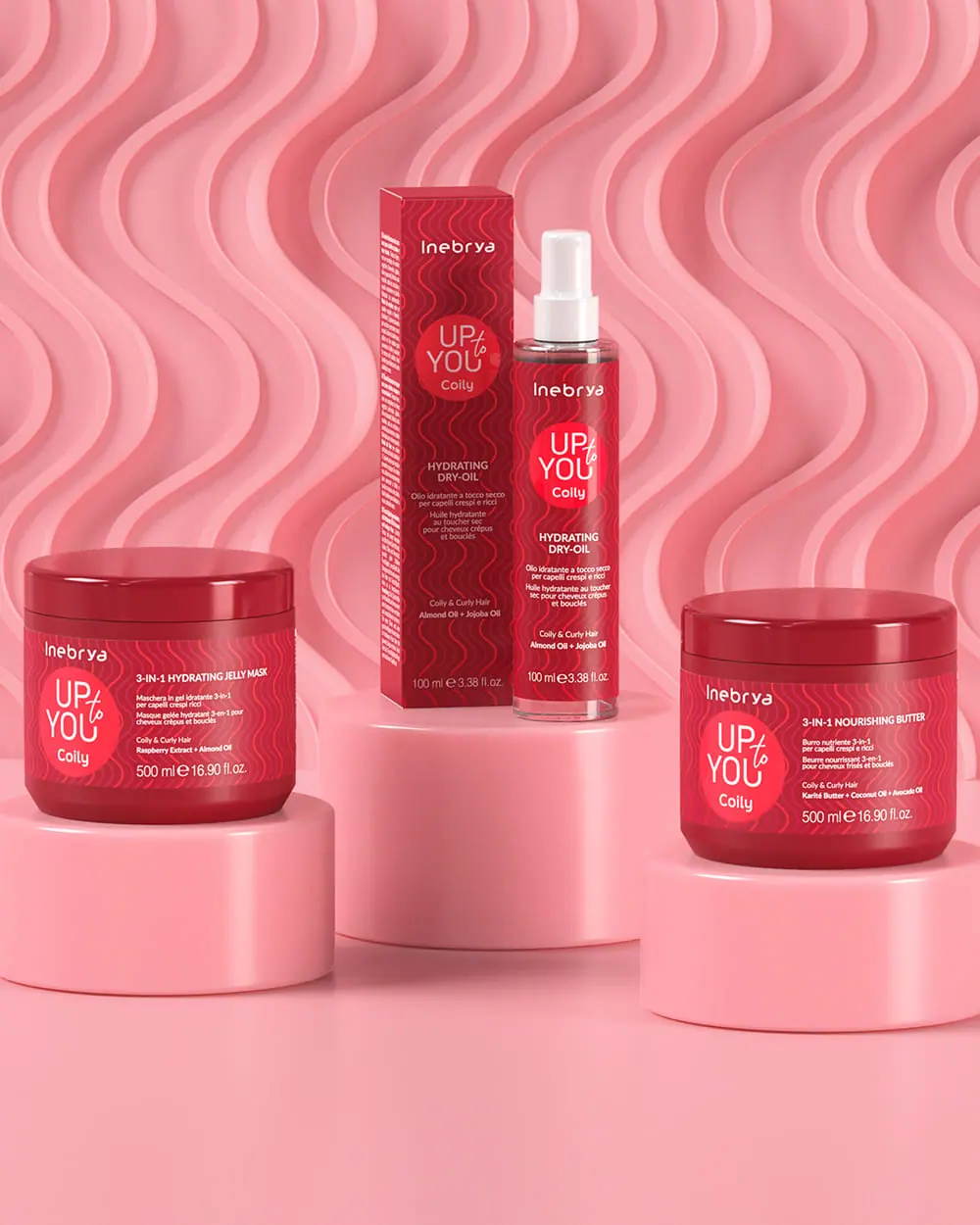 Produtos Up to You Coily sobre fundo rosado ondulado